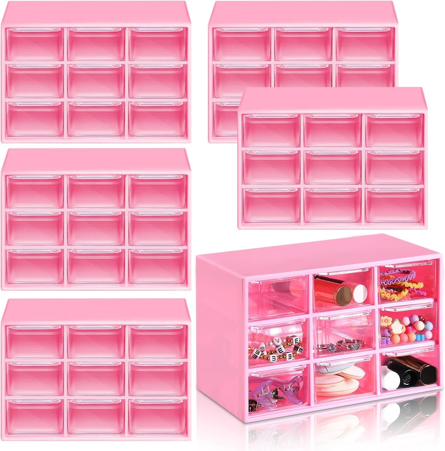 Amyhill 6 Pcs Mini Drawer Organizer Small Organizer with 9 Drawers Plastic Desktop Craft Storage Box for Office Home Room Jewelry Cosmetics Collection(Rose Red)