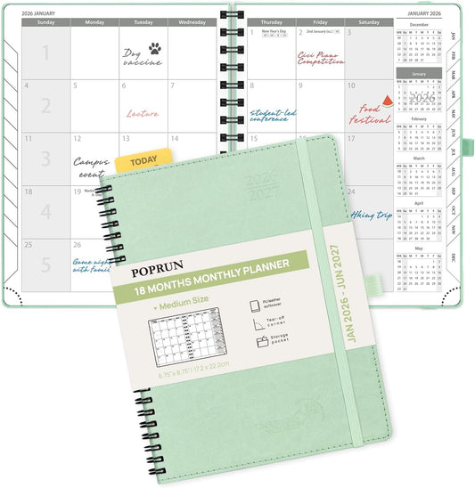 POPRUN Monthly Planner 2026-2027 (Medium 6.5" x 8.5") 18 Months Calendar (Jan 2026 - Jun 2027) - 4 Pages per Month with Expense & Notes, Stair-like tabs, Leather Cover, Sunday Starts - Green
