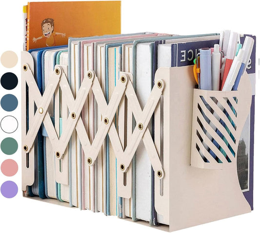 Kingsmile Book Ends, Adjustable Bookends for Shelves, Metal Bookends for Heavy Books, Book Stopper Organzier with Pen Holder for Desk, Kids Room, Office, Classroom, Library, Study Room.(Light Beige)