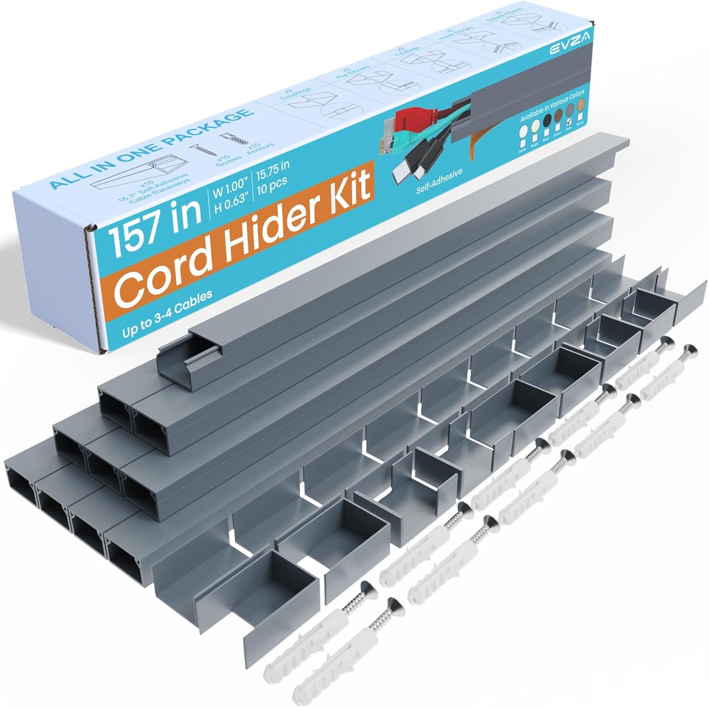 Grey Cable Cover Cord Hider - 157in Wire Hider on Wall Mounted, Grey Cord Cover Kit for Wall Mounted TV, Hide Wires Along Wall, Decorative Cable Raceway, Electrical Cable Concealer, Gray Cable Channel