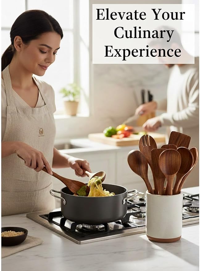 100% Natural Teak Wood Wooden Utensil Set – 10 Pcs Durable Kitchen Spoons for Cooking – Non-Stick & Heat Resistant, Eco-Friendly & Comfortable Grip