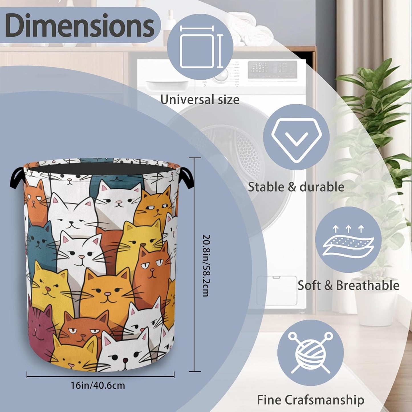 Funny Cat Laundry Basket,Foldable Oxford Cloth Tote Bag Laundry Hamper Clothes Storage Bucket Organizer for Bedroom Laundry Storage Dormitories 16" x 20.8"