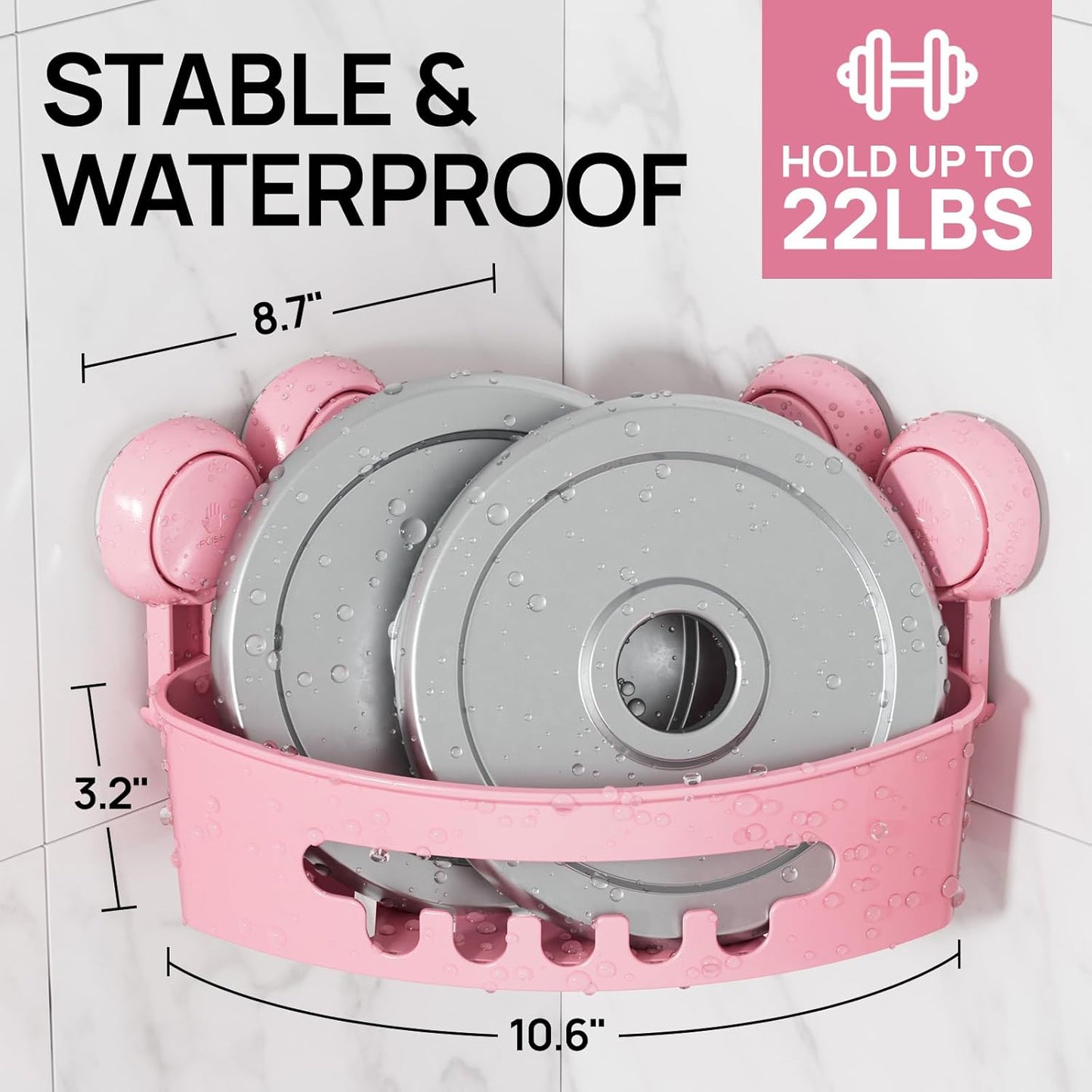 LEVERLOC Corner Shower Caddy Suction Cup, Shower Caddy Basket Powerful Suction Bathroom, Waterproof & Rustproof Organizer for Bathroom Storage, No-Drilling Removable (Pink)
