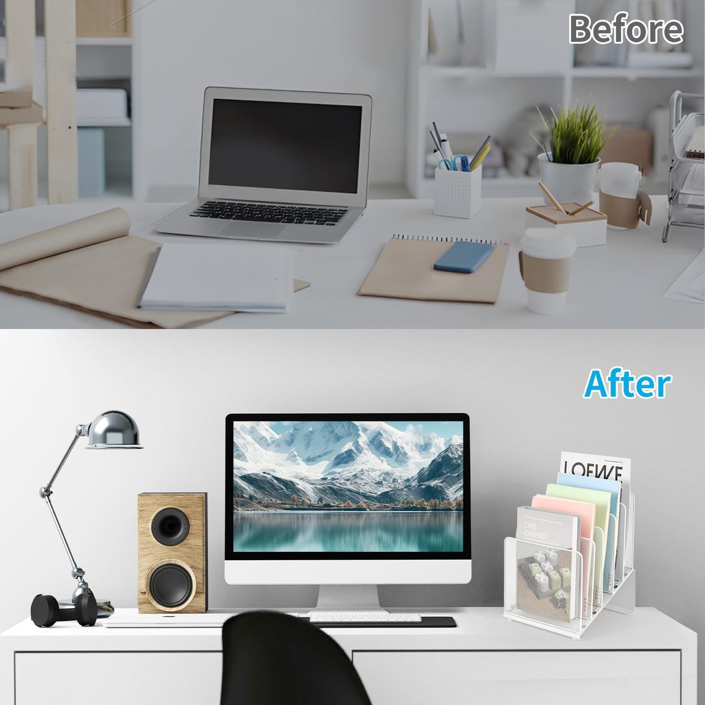 File Organizer for Desk, Desk Organizer with 5-Section Vertical File Rack, File Folder Organizer, Desk Accessories & Workspace Organizers(White)