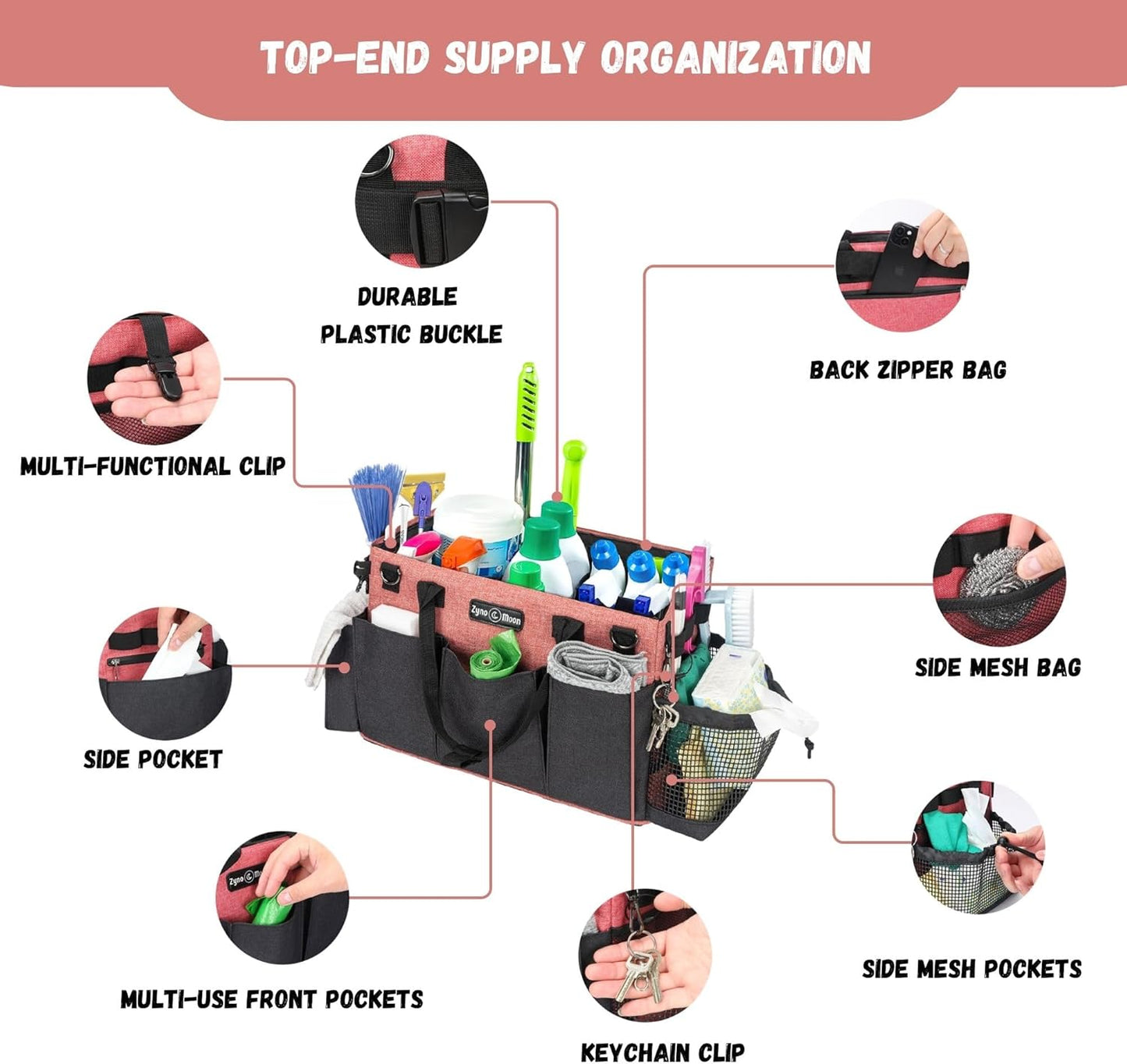 Wearable Cleaning Caddy – Portable Detailing Organizer with Spill-Proof Liner, Straps & Handles – Large Tote for Cleaning Pros, Auto Detailers, and Housekeepers – Red/Gray