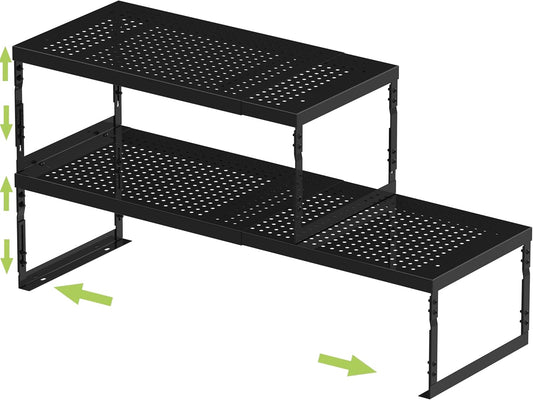 Adjustable Stackable Metal Storage Shelf Organizer - Expandable Wire Rack with Perforations for Kitchen, Pantry, Bathroom, Cabinet & Office-Compact, Durable & Sturdy (2PACKS/Large/Black)