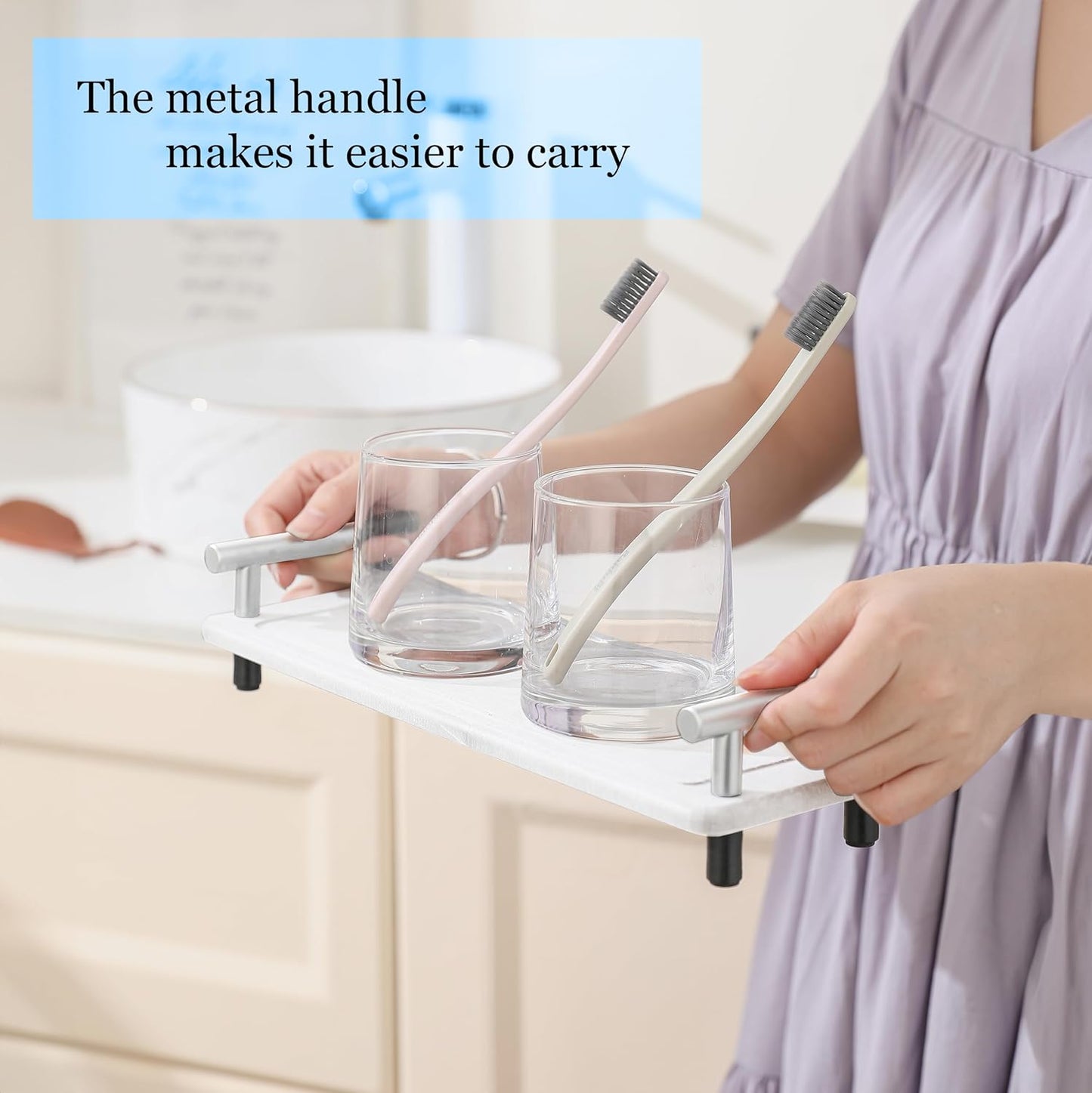 2PCS Bathroom Counter Tray, Diatomaceous Tray Fast Dry Stone, Fast Drying Diatomite Earth, Drying Stone for Kitchen Countertop, Instant Dry Sink Caddy (White & Silver Handle, Small)