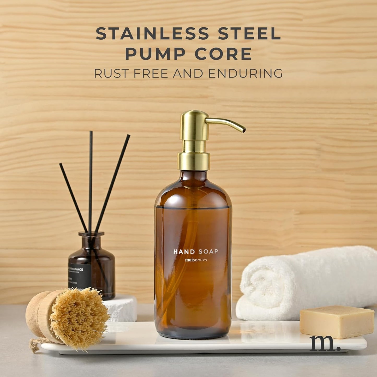 MaisoNovo Soap Dispenser 1-Piece Set | 16.9oz Amber Bottles with Gold Stainless Steel Pump