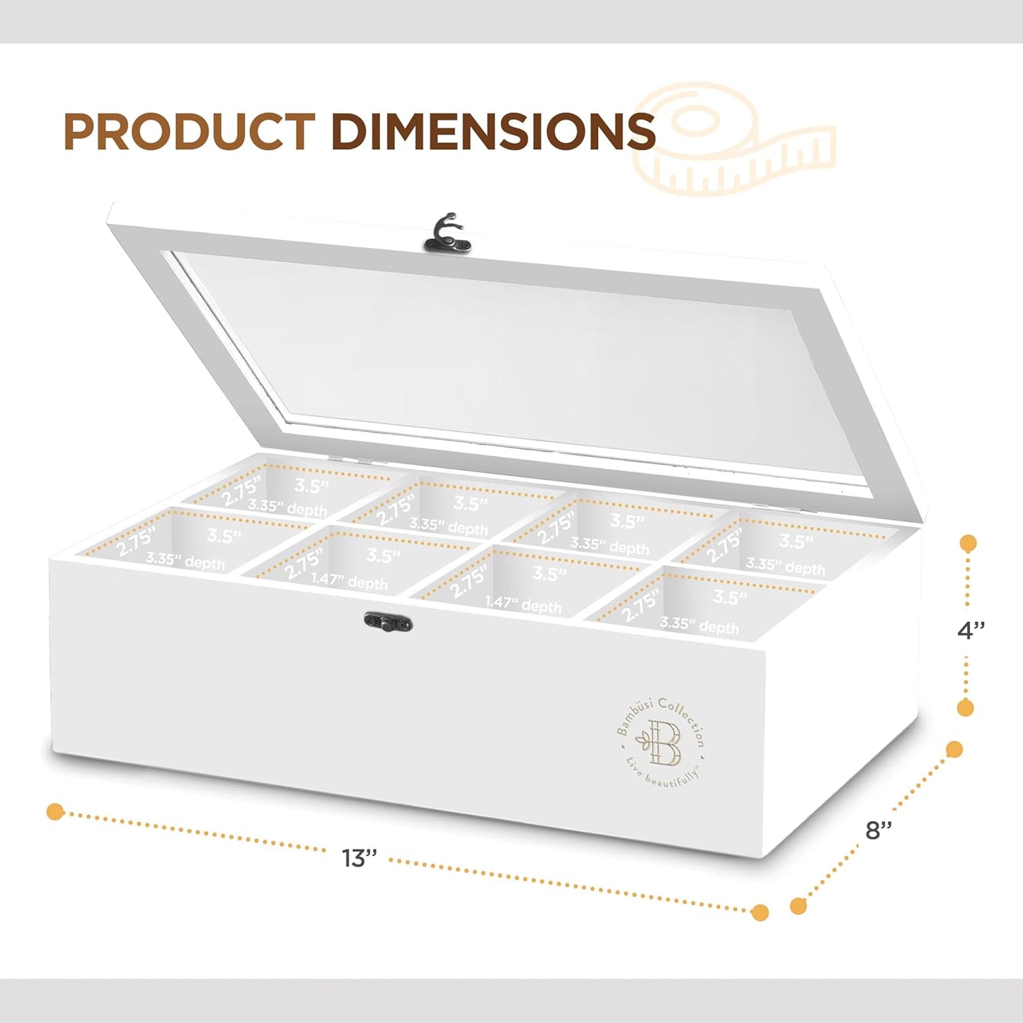 Bambüsi Tea Bag Organizer - Bamboo Tea Box Organizer Storage Box, Tea Bag Holder with Acrylic Window, Magnetic Lid Keeps Tea Bags Fresh - Tea Organizer Caddy (Tea Not Included) Christmas Gift - White