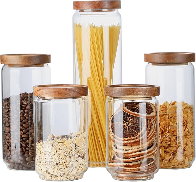 Glass Storage Jars with Wood Lid [Set of 5], Airtight Food Containers Stackable for Coffee Beans| Nuts| Pasta