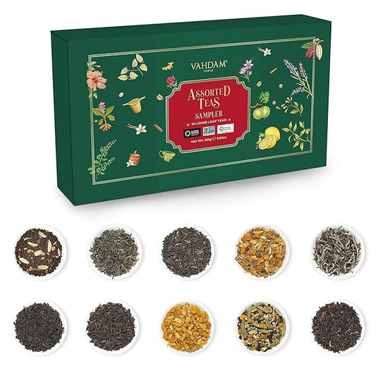 VAHDAM, Assorted Loose Leaf Tea Gift Set (10 Flavors, 100 gm) Gift Ideas for Women & Men | Herbal Tea, Green Tea, Chai Tea & Black Tea Sampler| Non-GMO, Gluten Free | Gifts for Him/Her