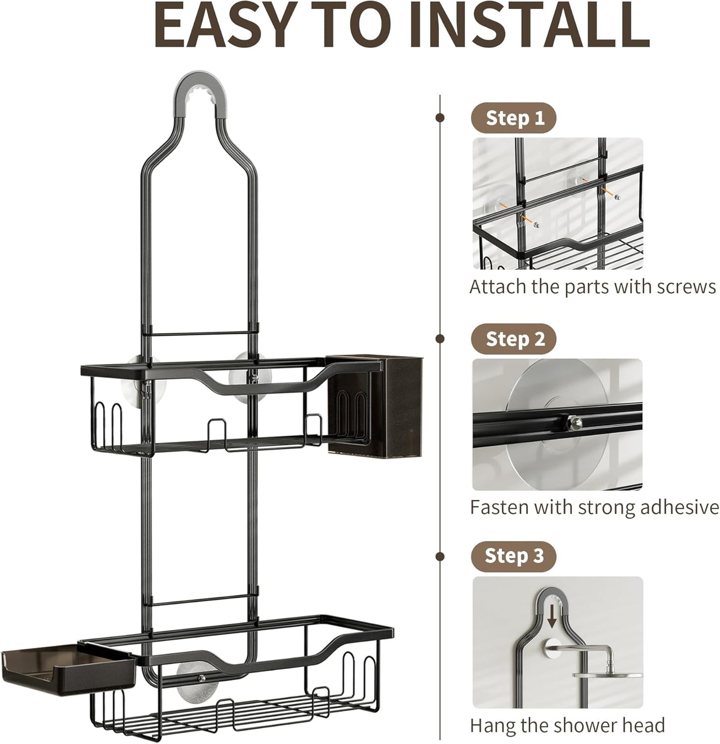 Shower Caddy Hanging 2-Tier Bathroom Organizer for Tall Showerhead with Soap Dish and Toothbrush Holder,Rustproof Over Shower Head Rack,Black