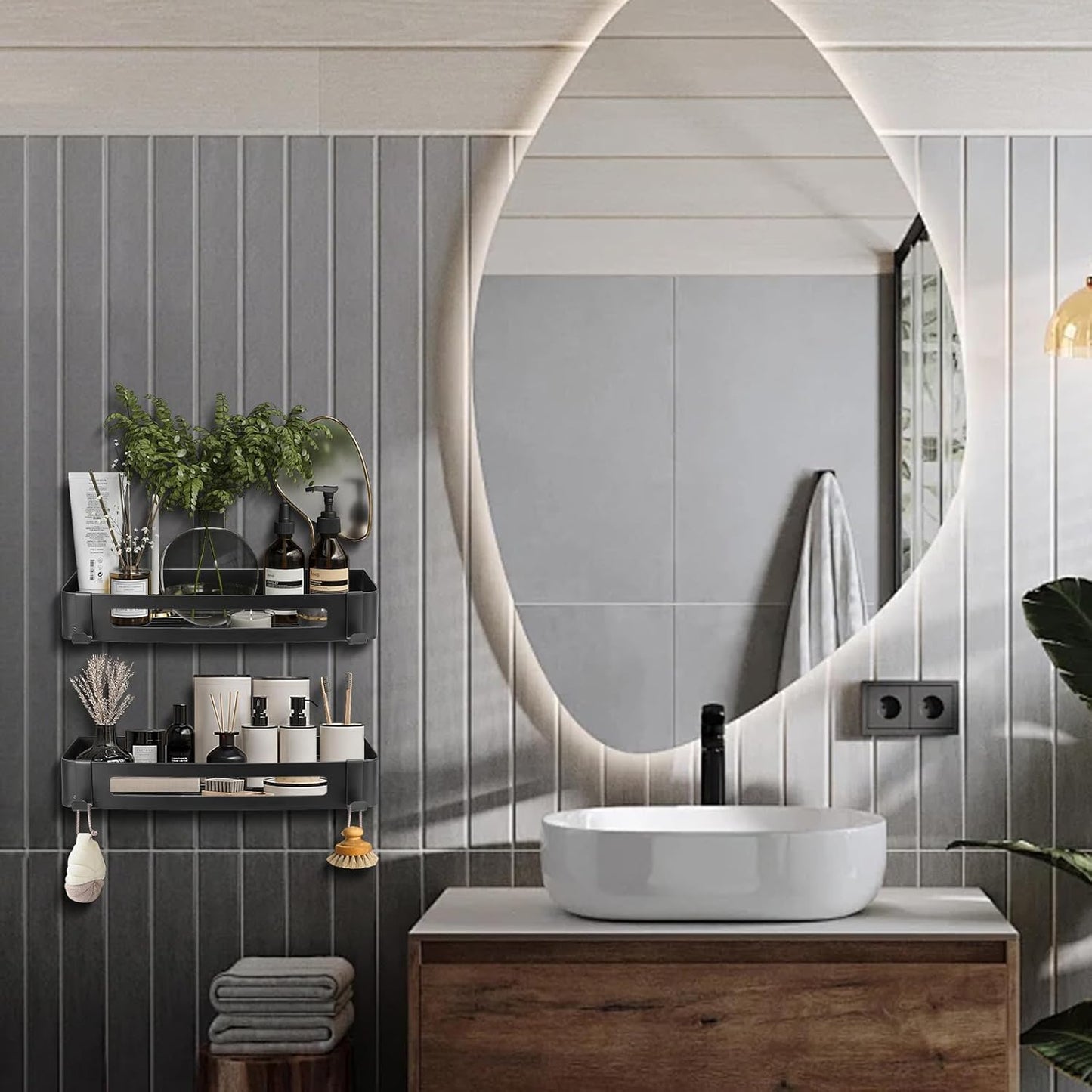 NearMoon Bathroom Shower Caddy 2 Pack, No Drill 304 Stainless Steel Shower Organizer with 2 Hooks (Shower Shelf, Matte Black)