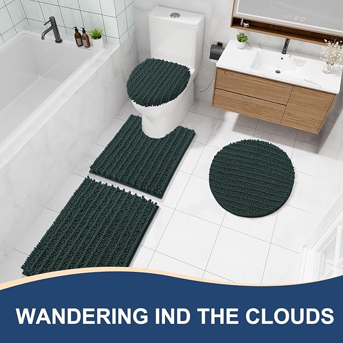 Arotive Luxury Chenille Bathroom Rug Mat, Extra Soft Thick Absorbent Shaggy Bath Rugs, Non-Slip Machine Wash Dry, Plush Bath Mats for Bathroom, Shower and Tub, 59x35, Dark Green