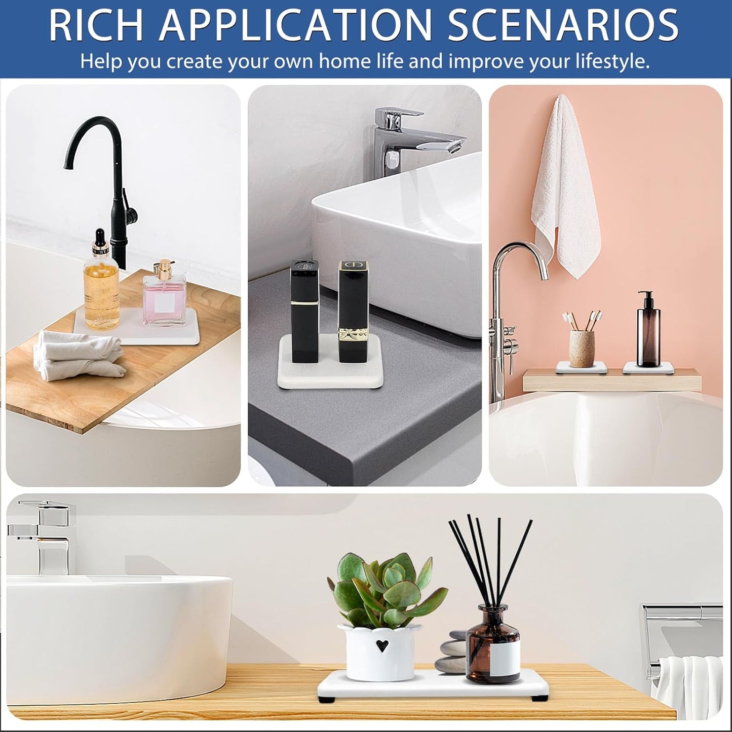 6PCS Fast Drying Diatomite Bathroom Tray, Water Absorbent Diatomite Coasters, Soap Dish Holders Toothbrush Holders for Bathroom Counter, Water Absorbing Stone Sink Organizer for Bathroom and Kitchen