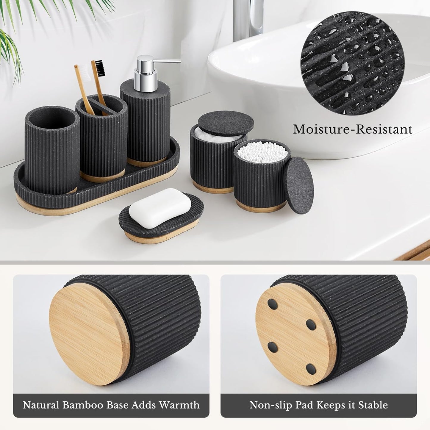 Black Bathroom Accessories Set, 7PCS Resin Bathroom Set with Bamboo Base, with Soap Dispenser, Q-tip Holder, Toothbrush Holder, Tumbler, Soap Dish, Vanity Tray, Complete Bathroom Set for Modern Decor