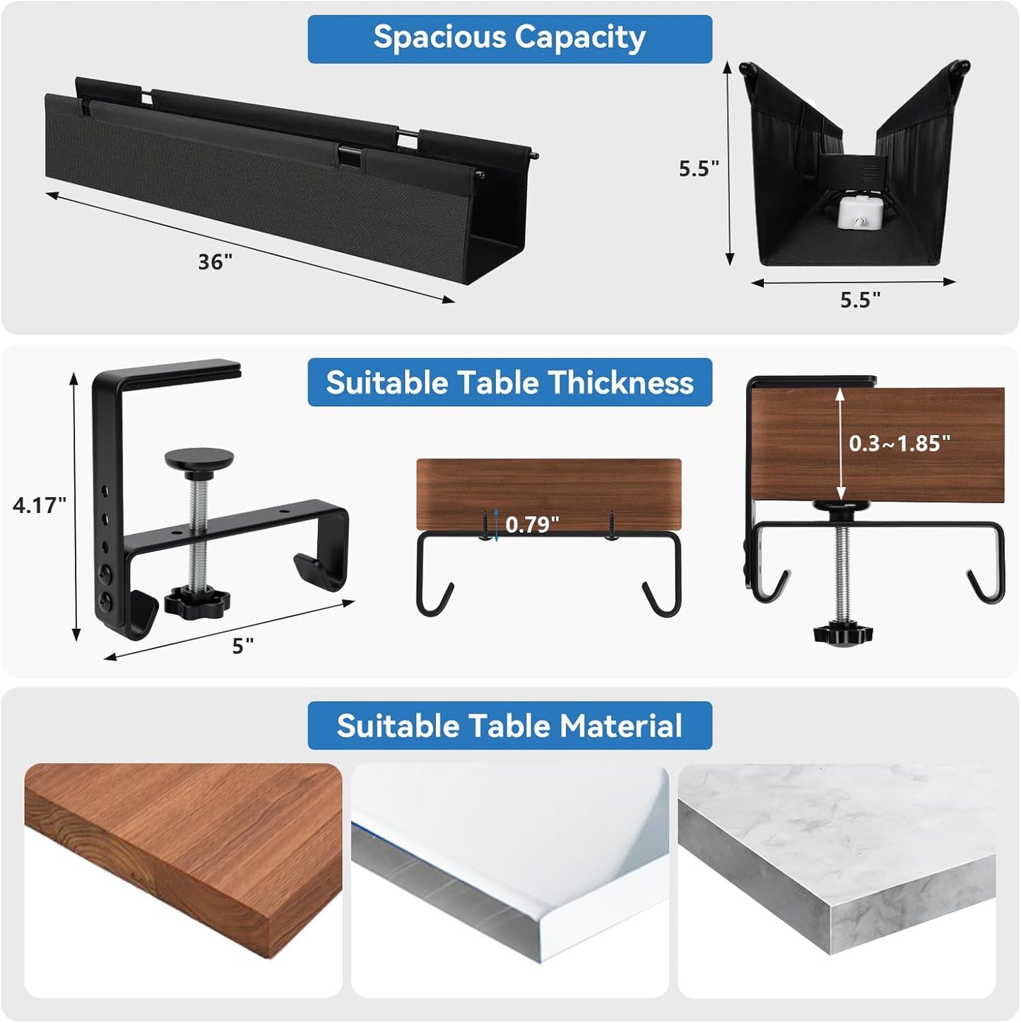 SHUWEI No Drill Under Desk Cable Management Tray, 36" Premium Fabric Cord Organizer for Desk, Clamp/Screw Mount Cable Organizer for Office and Home (Black, 36" L)