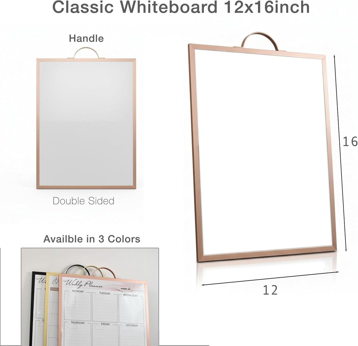 Small Whiteboard 12 x 16 Inch Magnetic Dry Erase Board with Handle | Rose Gold Aluminum Frame | Double-Sided Portable Board for Home, Office, Reception, Events | 2 Markers, Eraser & 2 Magnets