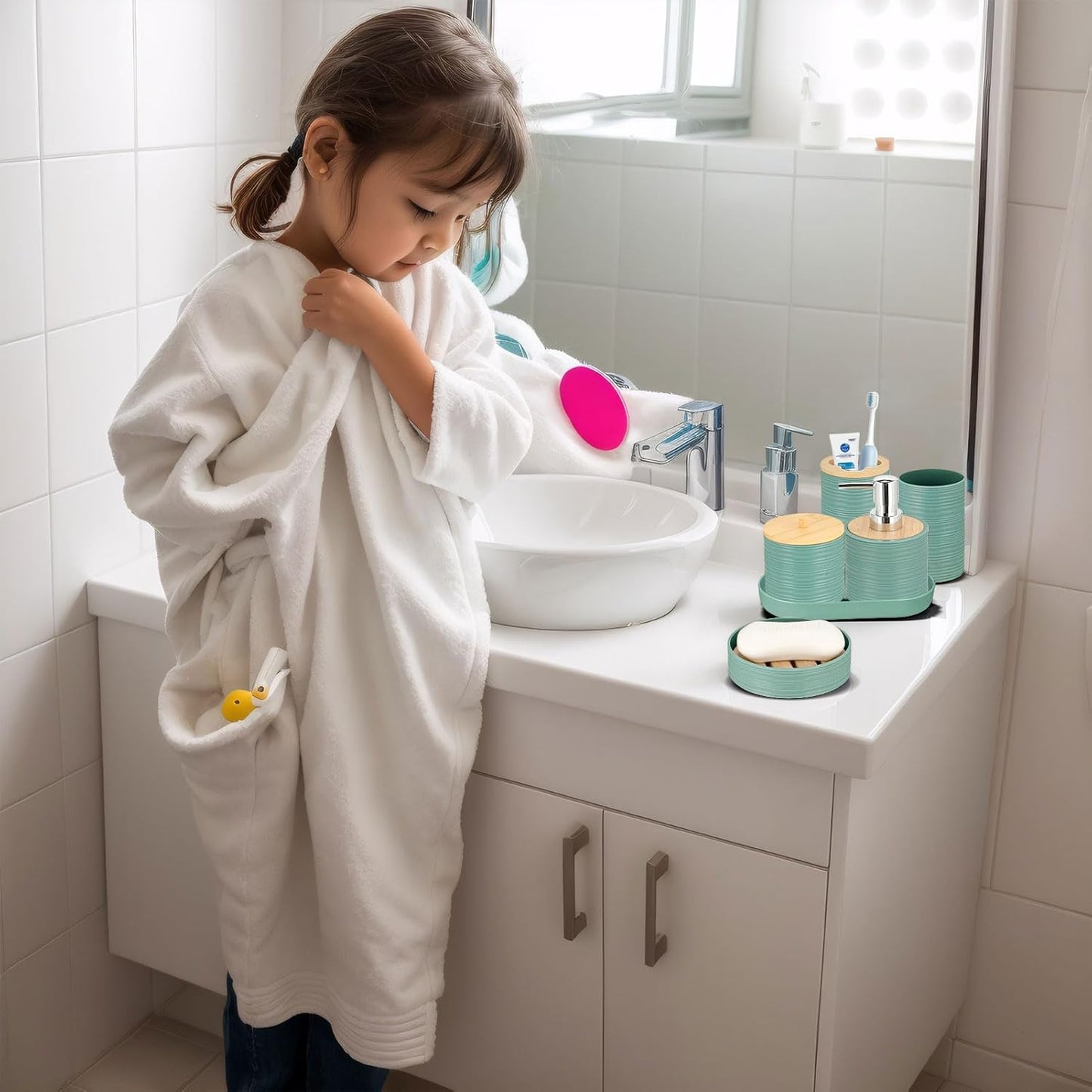 IMAVO Bathroom Accessory Set-11Pcs Blue Bathroom Accessories Set with Trash Can,Soap Dispenser,Soap Dish,Toothbrush Holder,Toothbrush Cup,Toilet Brush Holder,Qtip Holder Dispenser with Labels