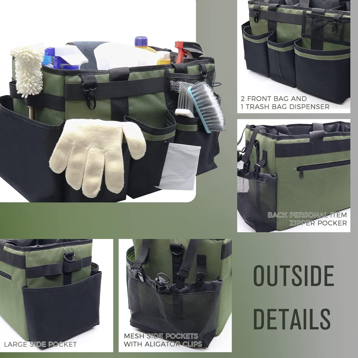 Wearable Cleaning Caddy Organizer with Handle & Shoulder Straps for Housekeepers, Under Sink & Car Cleaning Tool Organizer Bag with 4 Foldable Dividers (Green)