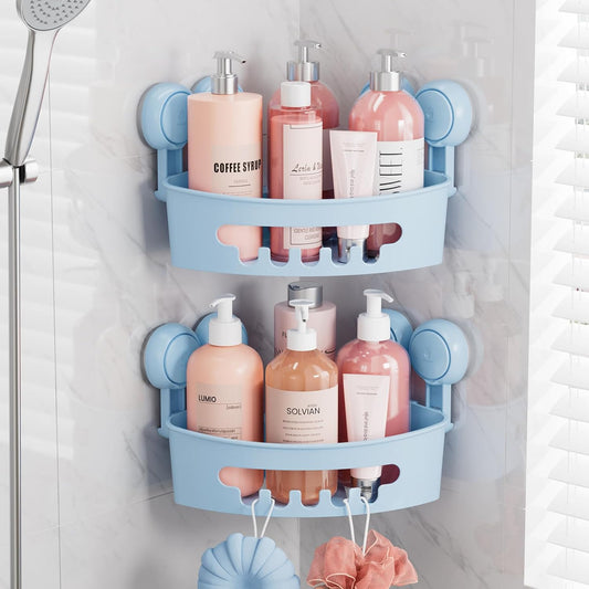 TAILI Suction Corner Shower Caddy, Bathroom Shelf Storage Basket Wall Mounted Organizer for Shampoo, Conditioner, Plastic Rack for Kitchen and Bathroom, Drill-Free Removable -BLUE