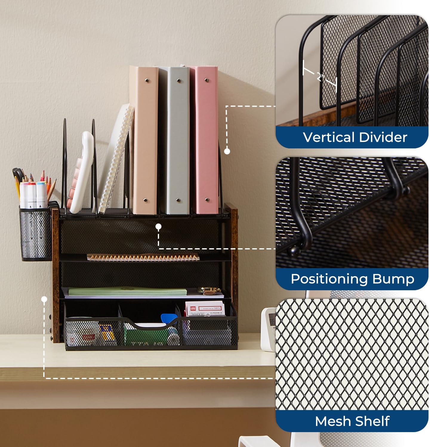 Y YOMA Mesh Desk Organizer with Drawer, 4-Tier Wood Desktop Organizer with 5 Vertical File Holders and 2 Pen Holders Office Desk Accessories for Home Dorm Classroom