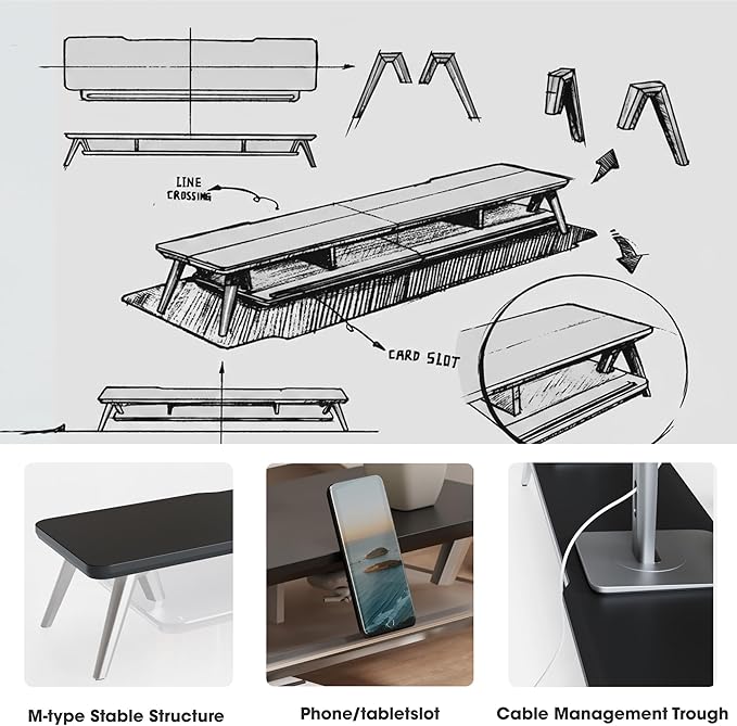 Fenge Dual Monitor Stand, 2 Tiers Acrylic Monitor Riser with LED Lights, 42.5 Inch Wood and Aluminum Desk Shelf with Phone and Tablet Holder