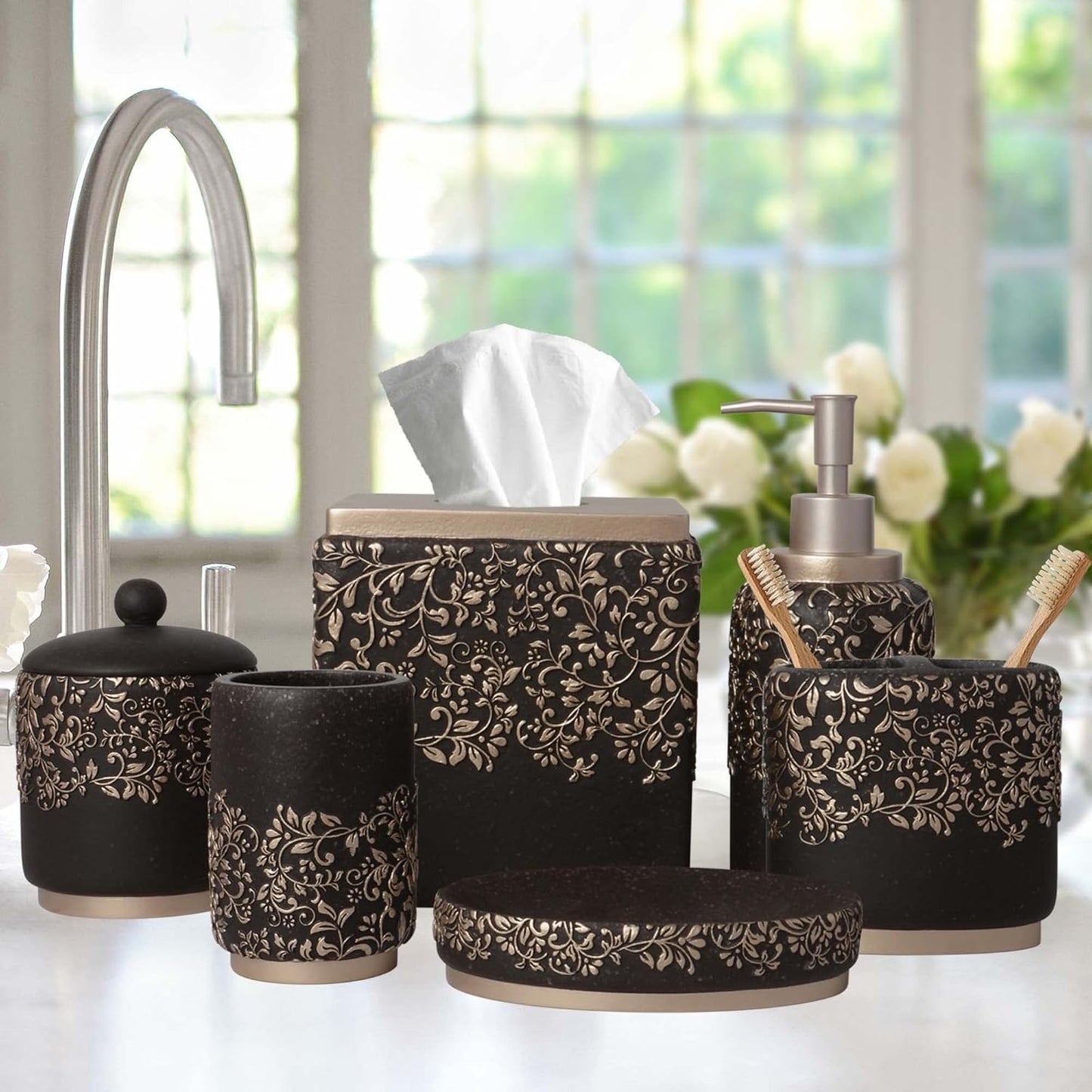 6-Piece Bathroom Accessories Set – Soap Dispenser, Toothbrush Holder, Tumbler, Soap Dish, Cotton Swab Jar & Toilet Brush – Modern Bathroom Decor Set (Stella)