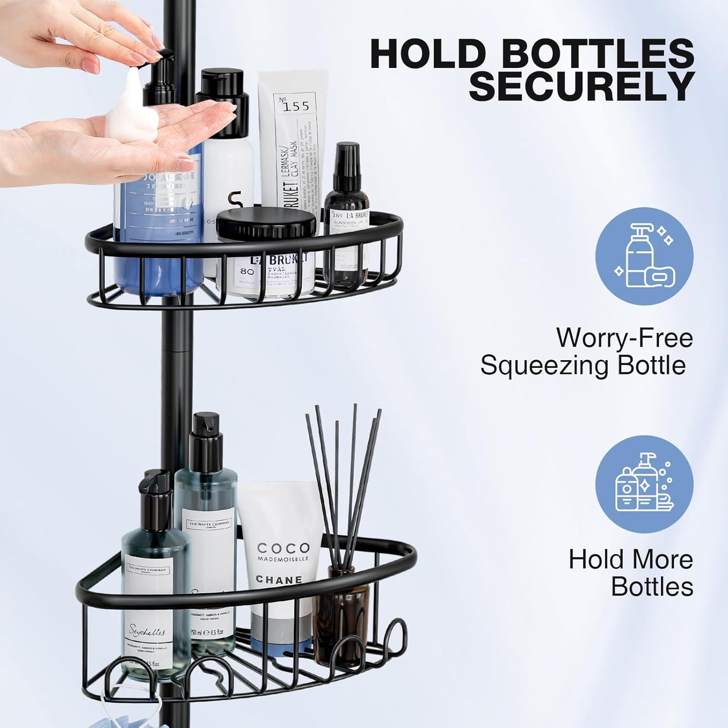 Corner Shower Caddy Tension Pole: Stainless Steel Rustproof 4-Tier Shower Organizer - 47-121 inch Adjustable Bathroom Shelves for Bathtub Shampoo Storage - Tension Rod Floor Standing Bath Rack - Black