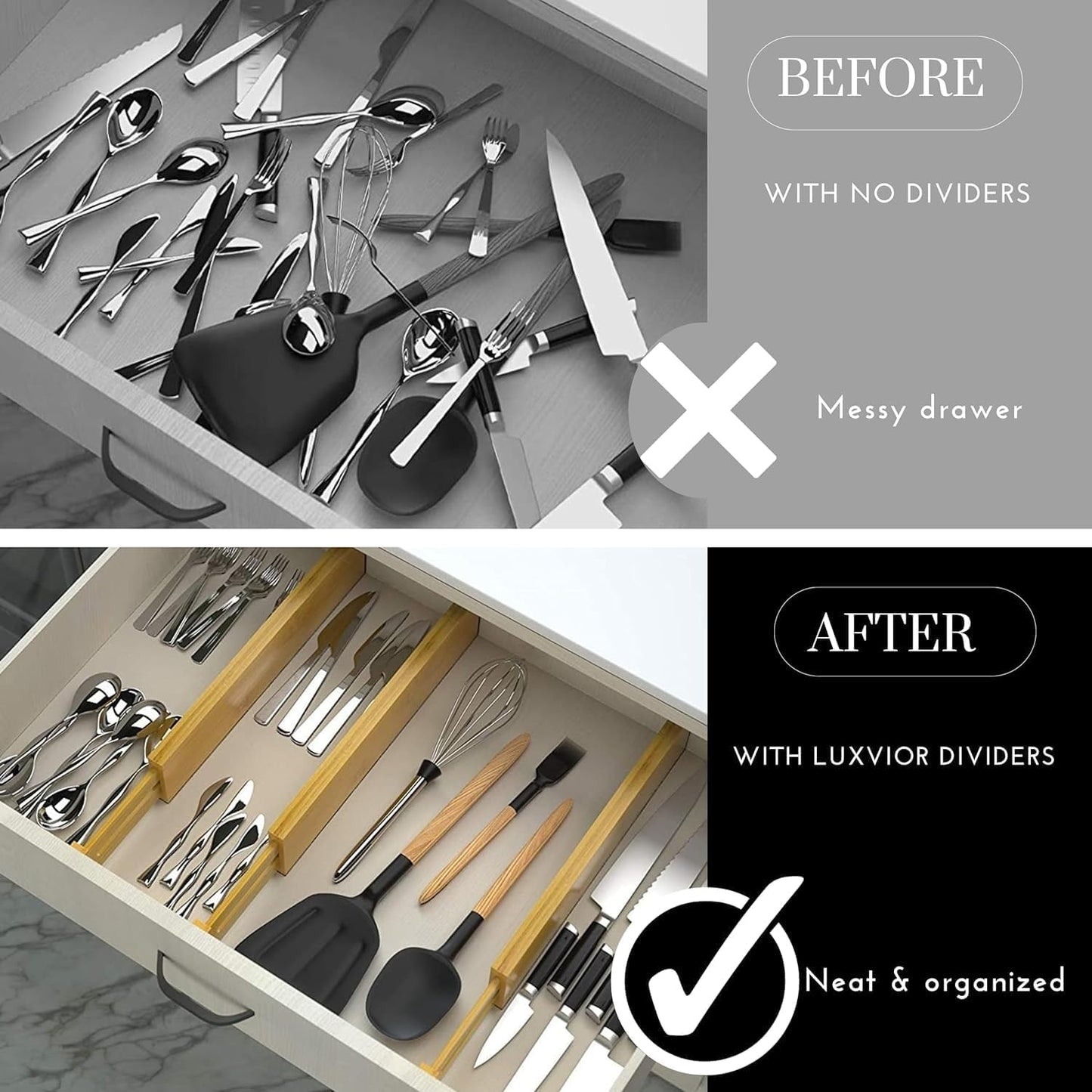 Expandable Bamboo Drawer Dividers 8 pack with labels(17"-22") Drawer Organizer for Kitchen, Clothes,Utensils,Silverware,Dresser,Office,Desk