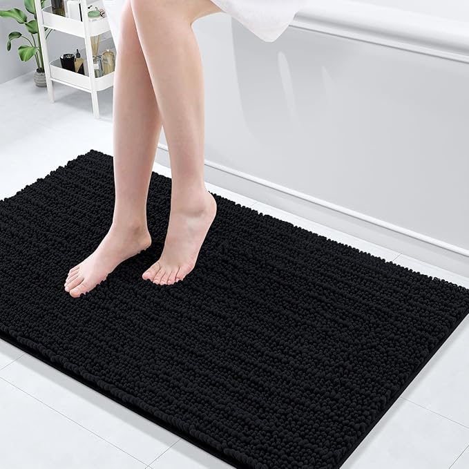 Arotive Luxury Chenille Bathroom Rug Mat, Extra Soft Thick Absorbent Shaggy Bath Rugs, Non-Slip Machine Wash Dry, Plush Bath Mats for Bathroom, Shower and Tub, 44x24, Black