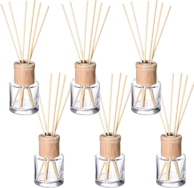 Roshtia 6 Set Reed Diffuser Bottle Empty Refillable Fragrance Glass Diffuser Bottles Set with Wooden Caps Sticks 50ml 1.7 oz Round Glass Jars for DIY Fragrance