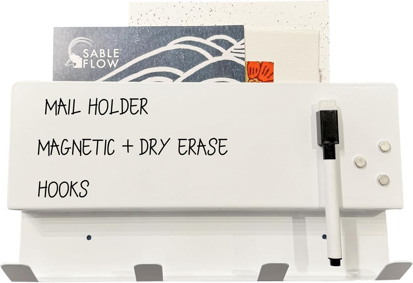 4-Hook Wall Organizer with Whiteboard - Keys, Mail, Coat Hanger for Home & Dorm. Includes Marker & Magnets- Sable Flow