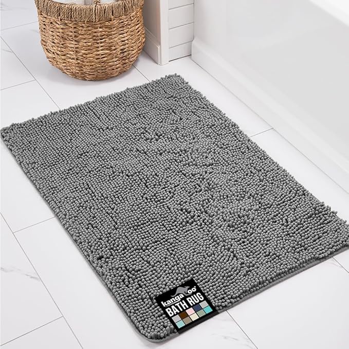 KANGAROO Bathroom Rugs, Chenille Soft Absorbent Bath Rug, Shaggy Shower Mat, Quick Dry Machine Wash Bathmat, Plush Carpet Mats for Tub, Bathtub and Room Home Decor Accessories, 42x24, Gray