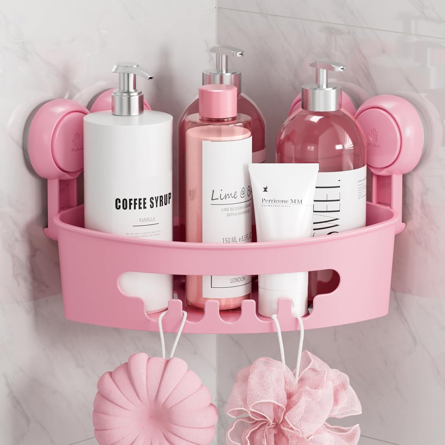 TAILI Corner Shower Caddy with Suction Cups, Wall Mounted Organizer Plastic Rack for Small Bathrooms, Kitchen, Removable Drill-Free Heavy Duty Shelf Basket, PINK