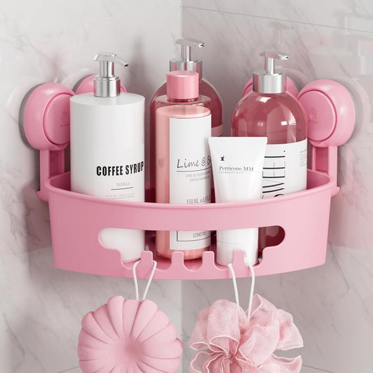 TAILI Corner Shower Caddy with Suction Cups, Wall Mounted Organizer Plastic Rack for Small Bathrooms, Kitchen, Removable Drill-Free Heavy Duty Shelf Basket, PINK