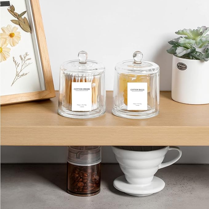 rejomiik 2 Pack Qtip Holder Thick Glass Apothecary Jars with Lid for Bathroom Accessories Vanity Organizers and Makeup Storage for Cotton Ball, Swabs, Makeup Sponges, Candy, Jewelry, Clear