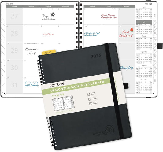 POPRUN Monthly Planner 2025-2026 Spiral Bound (8.5'' x 10.5'') 18 Months Calendar (Jul 2025 - Dec 2026) - 4 Pages per Month with Monthly Expense & Notes, Sunday Start, Leather Cover - Black