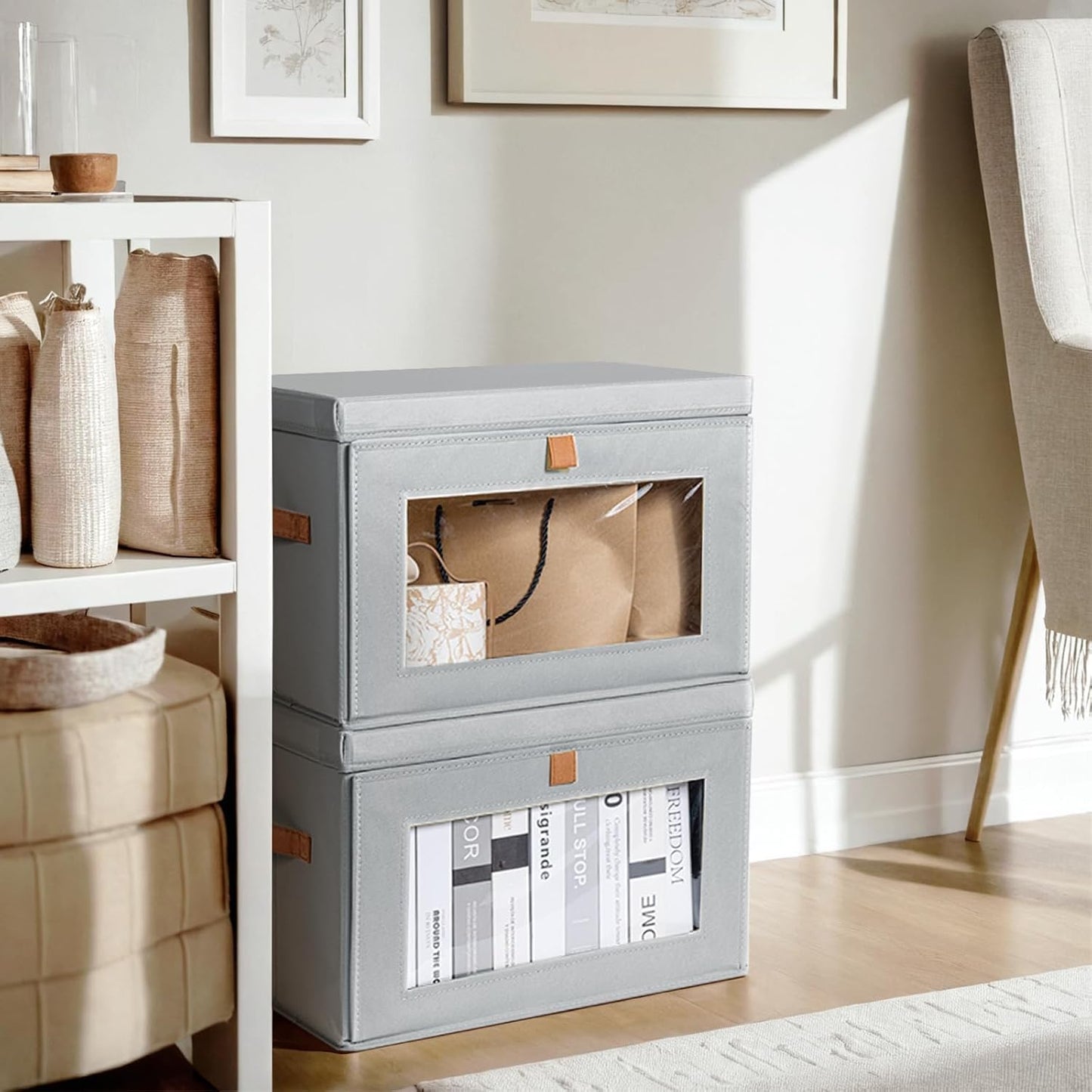 DIMJ Storage Bins with Lids - 6 Pack Large Fabric Closet Organizer with Window & Handles, Collapsible Decorative Storage Boxes for Shelves Under Bed, Books Clothes Blankets Sweaters Organization