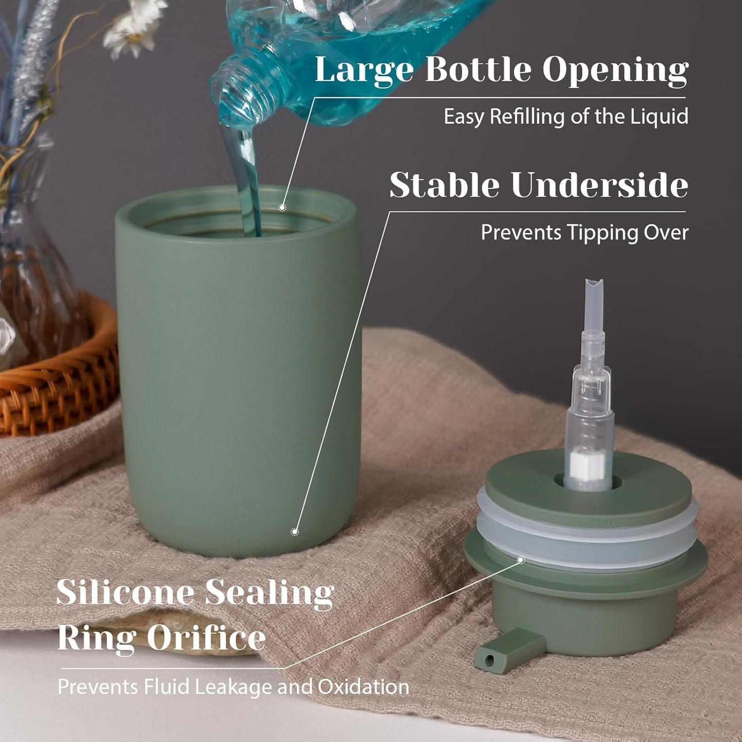 INGOFIN Ceramic Lotion Soap Dispenser Set, 2 Pack (12 oz) Bathroom Hand Soap Dispenser with Pump, Liquid Hand and Dish Soap Dispenser Set, 8 Pcs Clear Stickers, for Kitchen Bathroom-Matte Green