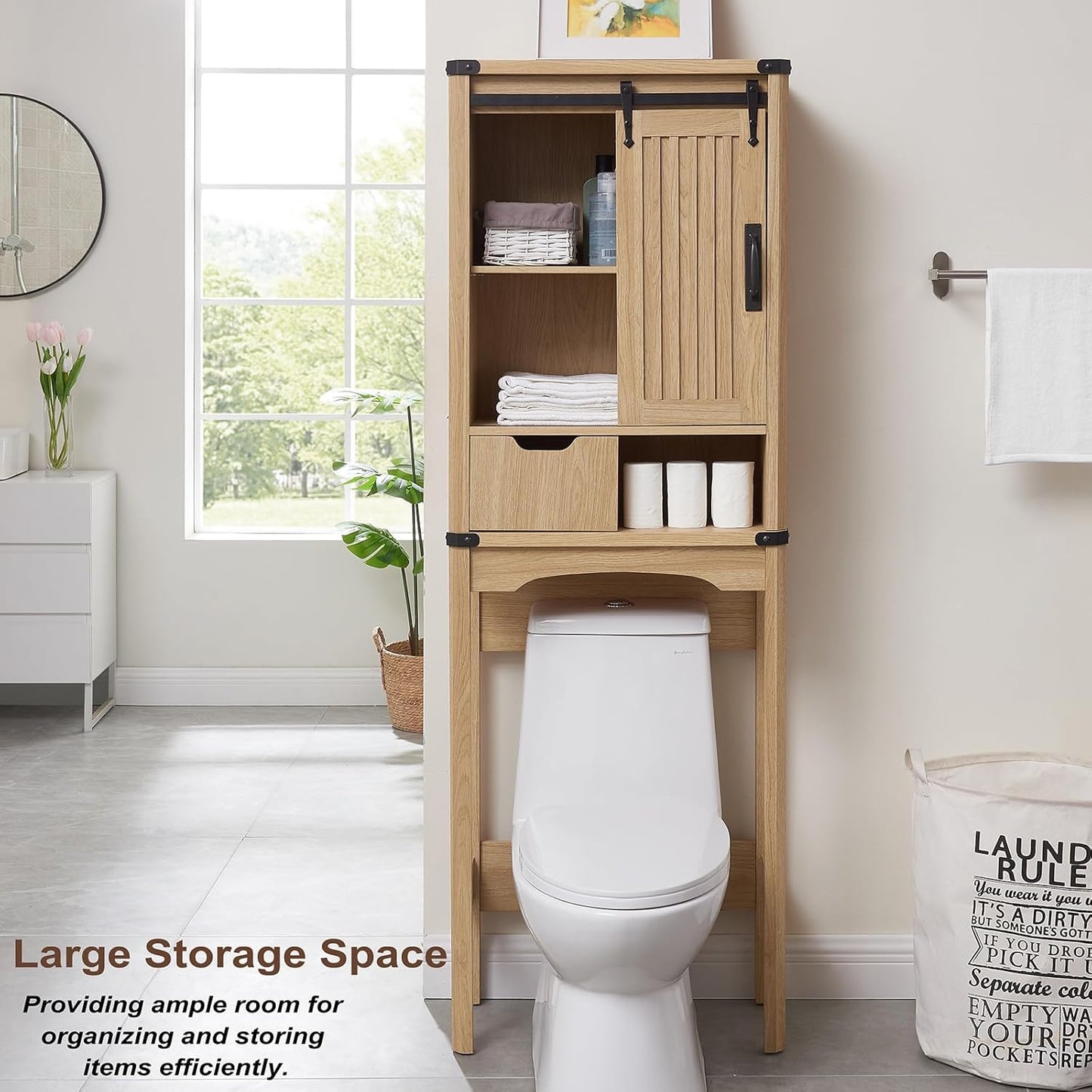 Over The Toilet Storage Cabinet, Farmhouse Storage Cabinet with Adjustable Shelves and Sliding Barn Door, Free Standing Over Toilet Bathroom Organizer (Natural Oak)