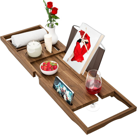 Premium Teak Bathtub Tray Caddy, Wooden Bath Caddy Trays for Bathtub, Bath Tub Wood Tray Table for Tub,Expandable Size, Fits Most Bath Tubs