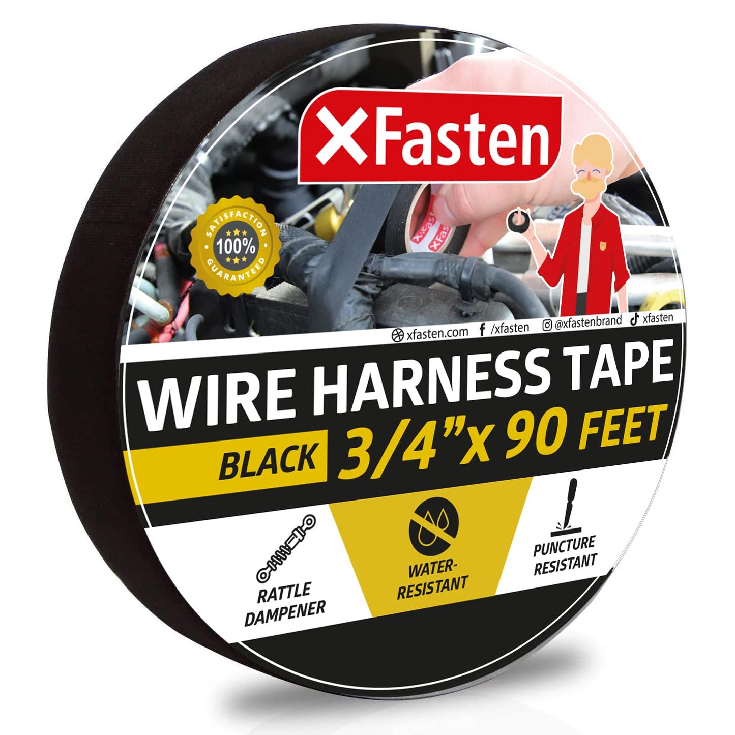 XFasten Wire Harness Tape, 3/4-Inch x 90 Feet, High Temp Wiring Loom Harness, Self-Adhesive Felt Cloth Electrical Tape for Automotive Engines, Noise Dampening, and Cable Protection