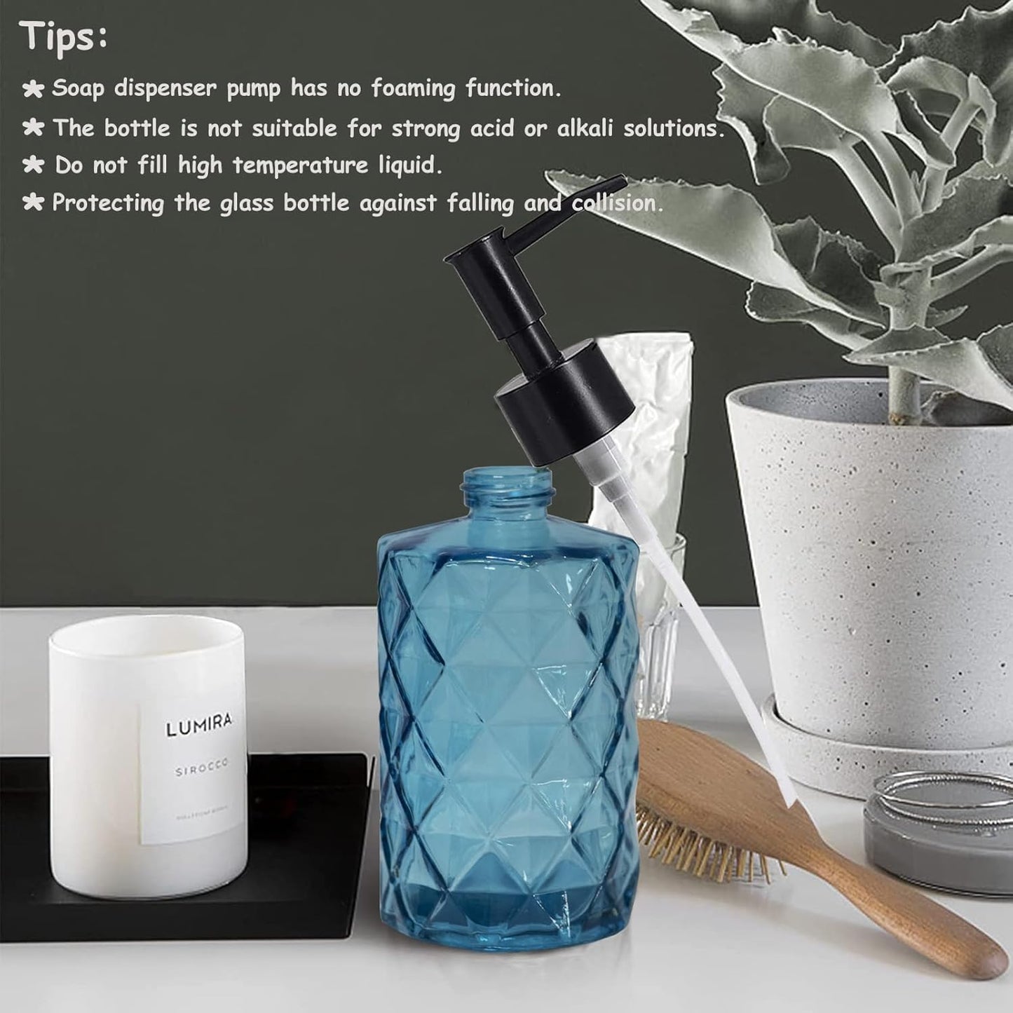 Blue Glass Soap Dispenser with Black Plastic Pump, 12oz Refillable Liquid Hand Soap Dispenser, 2 Pack Crystal Lotion Bottle for Modern Home Decor, Bathroom, Kitchen Countertop, Hotel