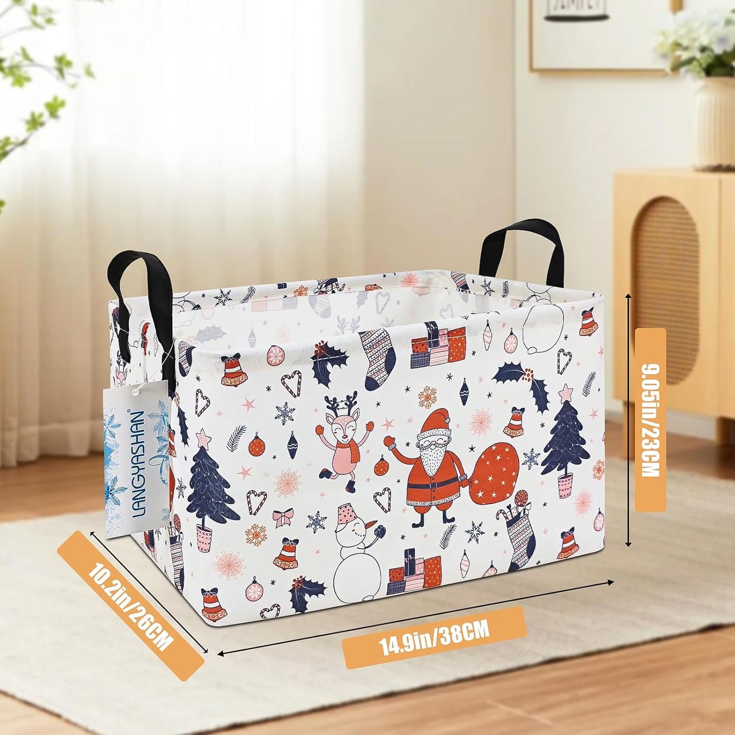 LANGYASHAN Rectangular Christmas Santa Claus Storage Basket with Handles for Organizing Home Kitchen Boys and Girls Toys Office Closet Shelf Baskets (Rec Santa Claus)