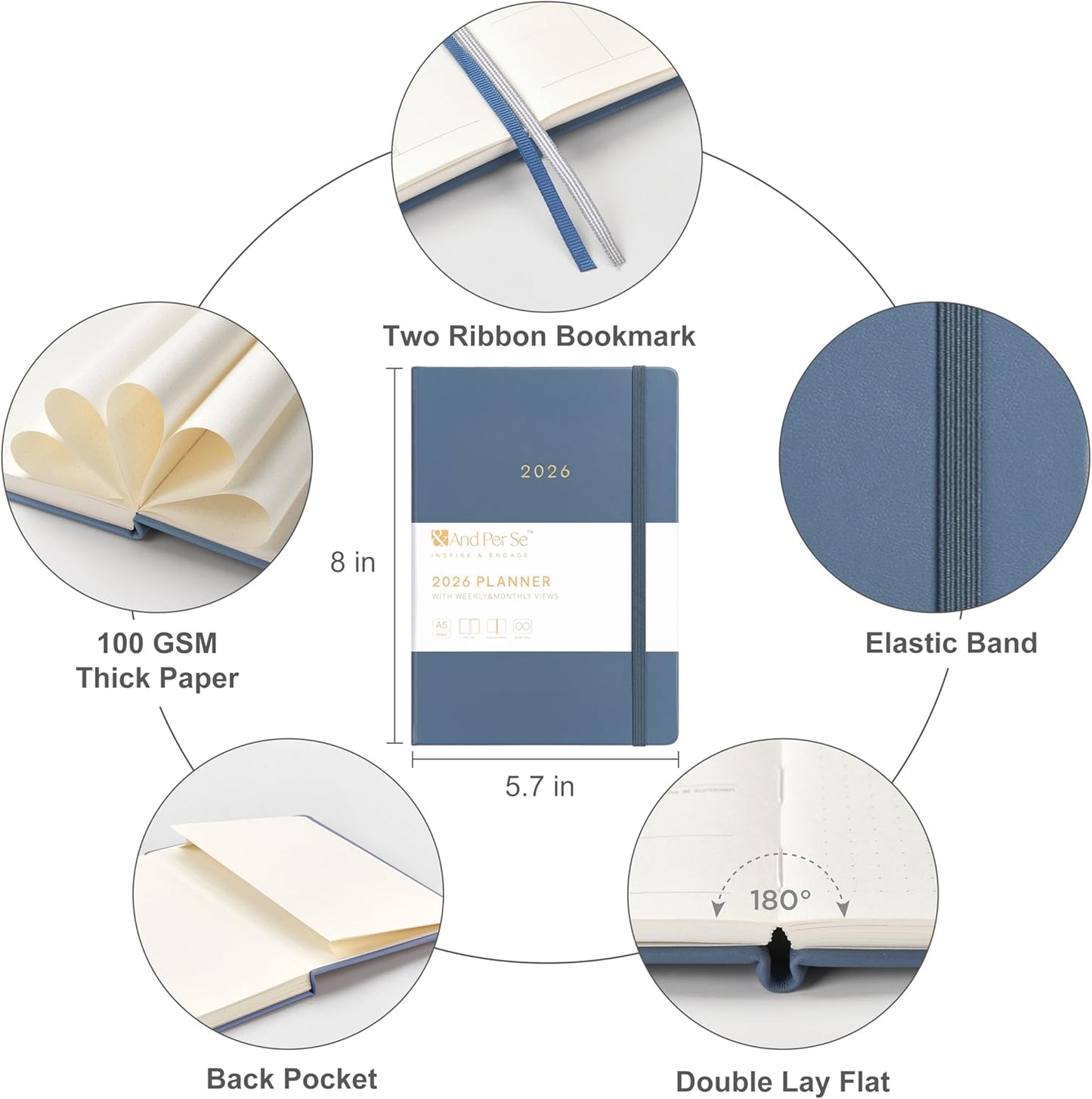 And Per Se 2026 Planner-Daily, Weekly & Monthly Leather Hardcover Planner, 5.7" x 8", Daily Schedule, Monthly Tabs, 100 GSM Thick Paper, Back Pocket(Dark Blue)