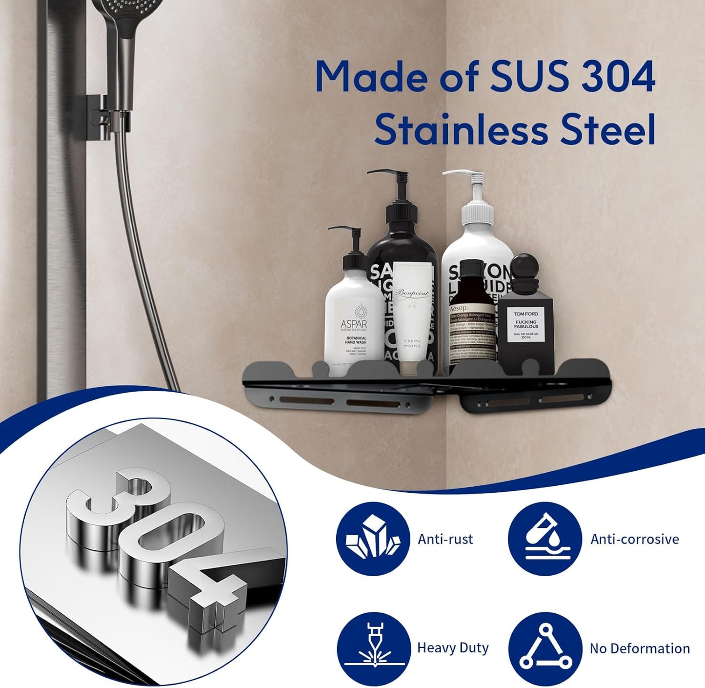 2 Pack Corner Shower Shelf, 10" 304 Stainless Steel Modern Corner Shower Shelf for Inside Shower, Heavy Duty Shower Caddy Organizer with Razor Hole, Drilling Installation (Black, 10")