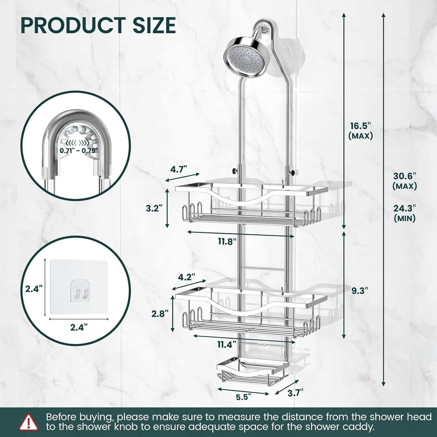 Shower Caddy Hanging Adjustable Shower Caddy, Rustproof Shower Organizer Extended Length Showers Caddy Over Shower Head with Hooks Soap Holder, Large Capacity Anti-Swing Bathroom Organizer, Silver