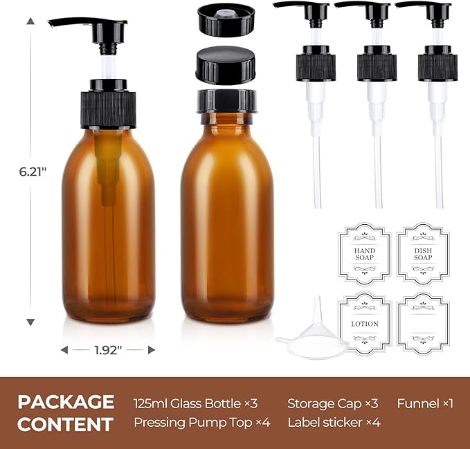 Amber Glass Soap Dispenser 4 oz, Homepicker Glass Pump Bottle with Pump for Lotion Body Oil, 125ml Hand and Dish Soap Dispensers Set with 1 Extra Pump & Labels - 2 Pack
