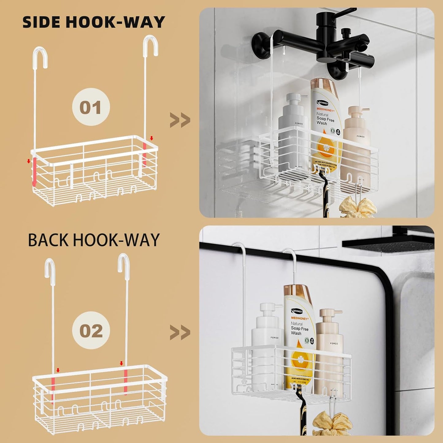 SHANSHUI Shower Hanging Caddy, Bathroom Shower Organizer Basket, Shampoo Bracket, Over Door Showers Rack with Hooks, 304 Stainless Steel Rustproof White
